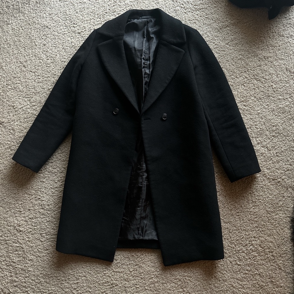 Uniqlo black double breasted wool blend coat